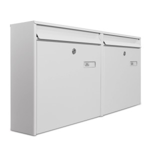 Weißer Burg-Wächter Doppelbriefkasten für 2 Parteien mit Namensschild und Montagematerial.