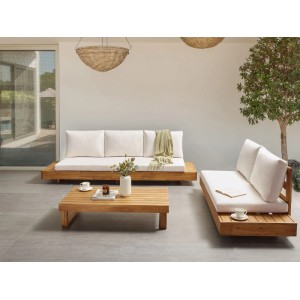 Beliani Gartensofa MARETTIMO Cremeweiß, 3- und 2-Sitzer mit Tisch, Akazienholz, Gartenmöbel Set.