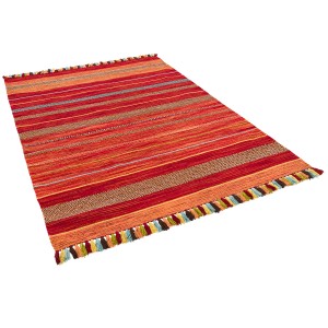 Rot gestreifter Kelim Teppich „Kalleen“ von Pergamon Natur, 120x180 cm, mit Fransen.