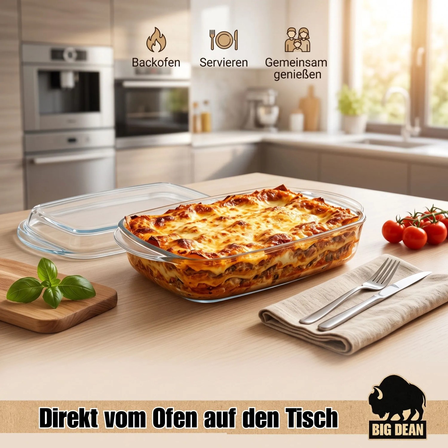 BigDean Auflaufform mit Deckel & Griffen 4,1L Glasauflaufform Glas Bräter