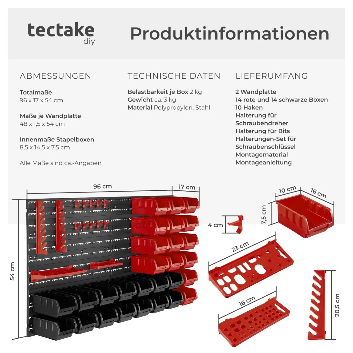 Tectake Kleinteilemagazin mit Wandplatten, roten und schwarzen Stapelboxen und Werkzeughalterungen.