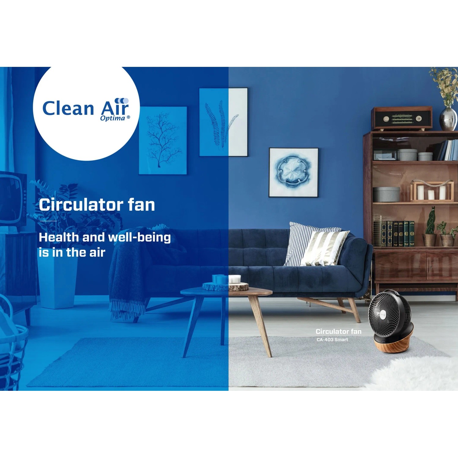Clean Air Optima Zirkulator Ventilator CA-403 Smart im Wohnraum, Holzdesign.