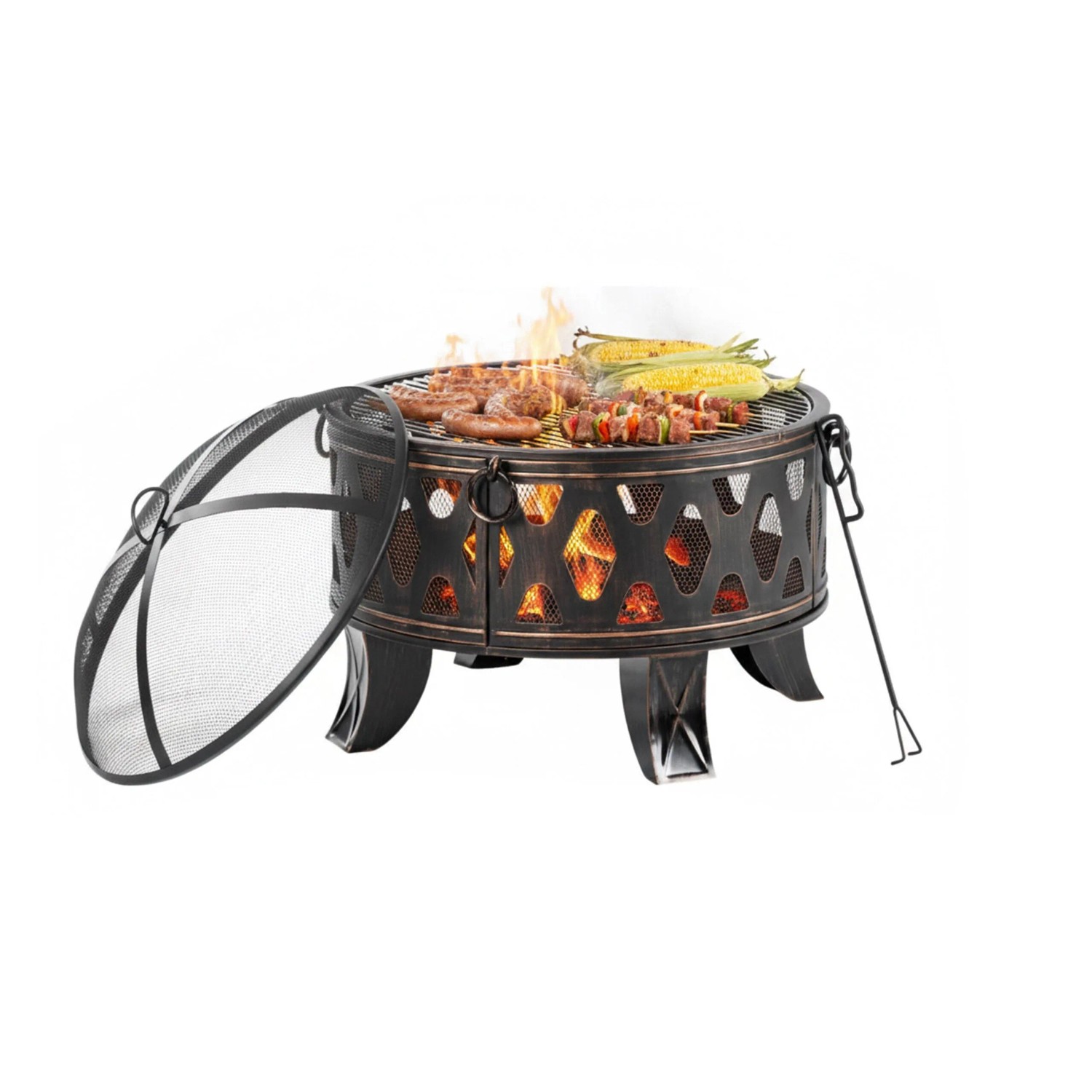 Relaxdays Feuerschale Stahl Edelstahl Schwarz mit Grillrost Funkenschutz 58 cm x 66 cm 9,8 kg