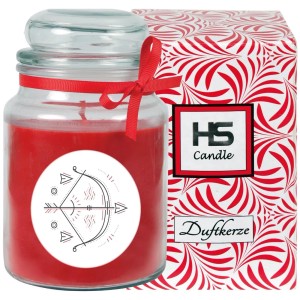 HS Candle Duftkerze Schütze im Glas mit rotem Wachs und Geschenkverpackung.