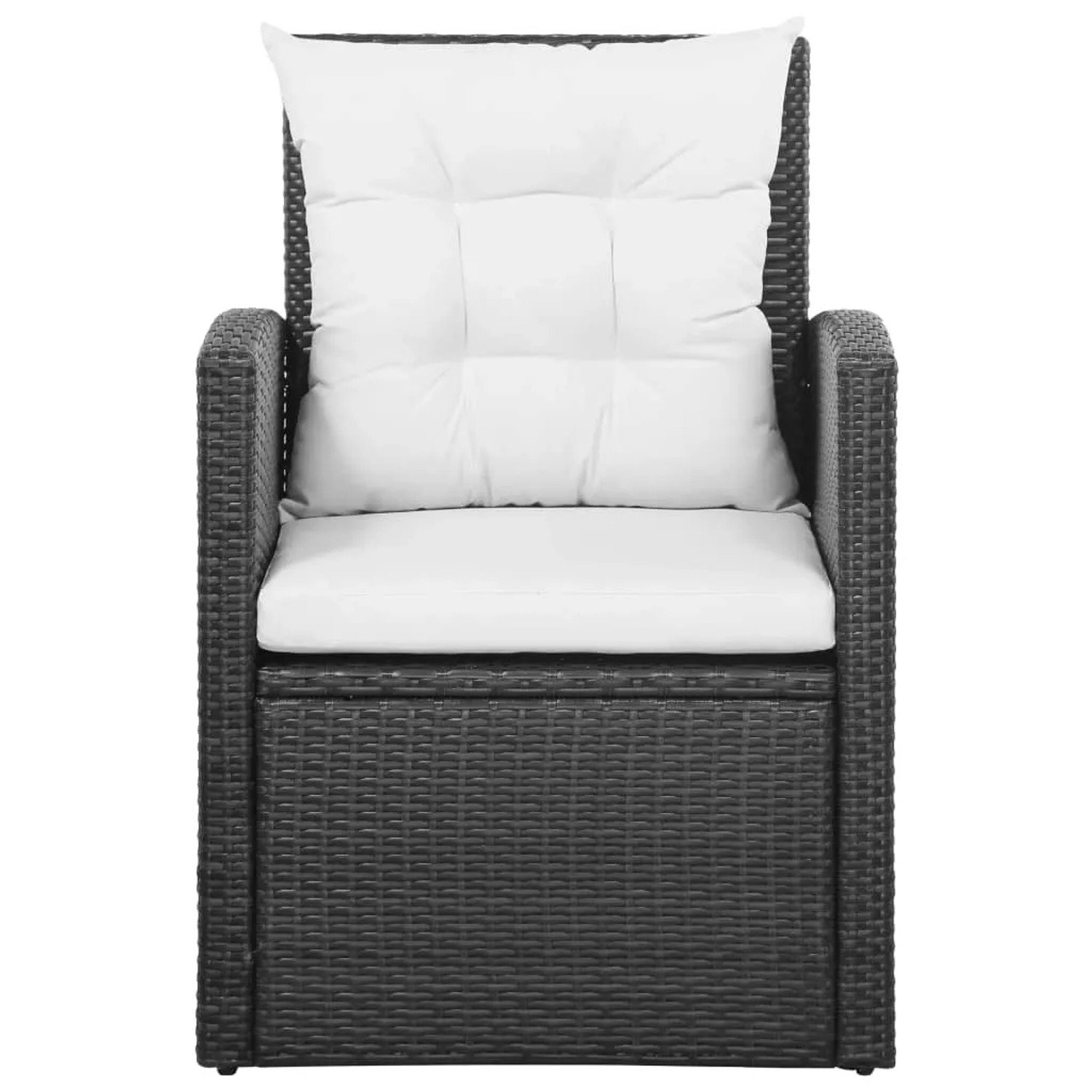 Schwarzer Rattan Sessel mit weißen Auflagen, Teil des vidaXL Garten-Lounge-Sets.