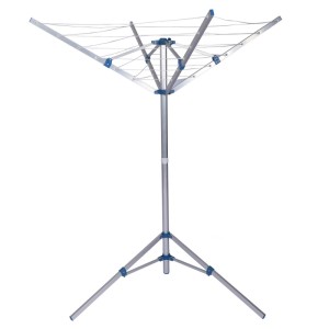 Mobile Wiltec Camping Wäschespinne aus Aluminium, klappbar, mit Dreifuß-Standfuß und blauen Akzenten.