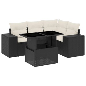 Schwarze 5-tlg. vidaXL Garten-Sofagarnitur aus Poly Rattan mit Tisch und cremefarbenen Kissen.