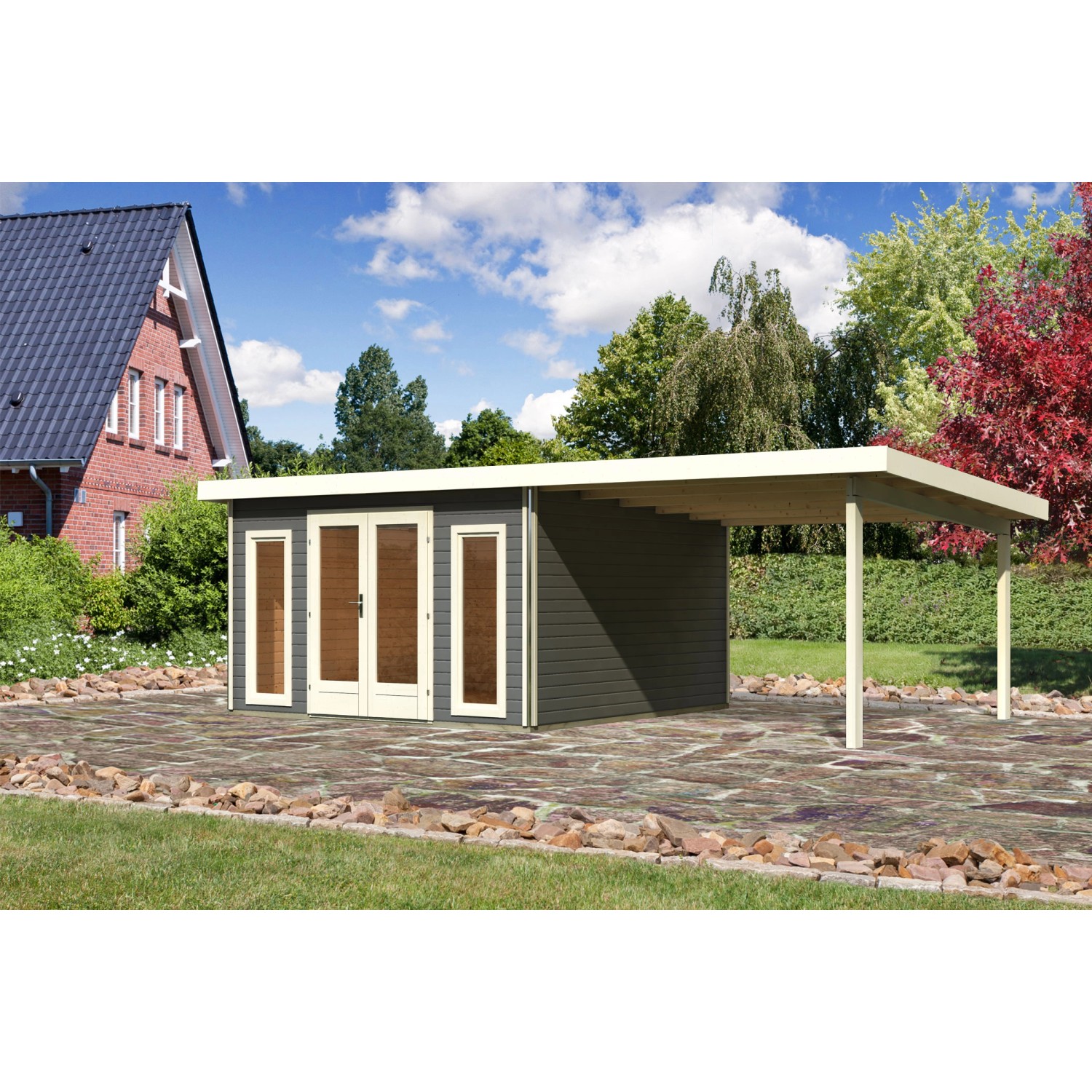 Karibu Holz-Gartenhaus Norrköping Terragrau Pultdach Lackiert 365 cm x 365 günstig online kaufen