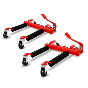 2 rote EBERTH Rangierhilfen mit Hydraulik, je 680kg Tragkraft und 360° Rollen.