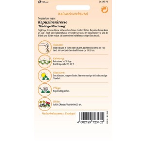 Samenpackung Kapuzinerkresse 'Niedrige Mischung' für bunte Blüten im Garten, Topf oder Balkon.