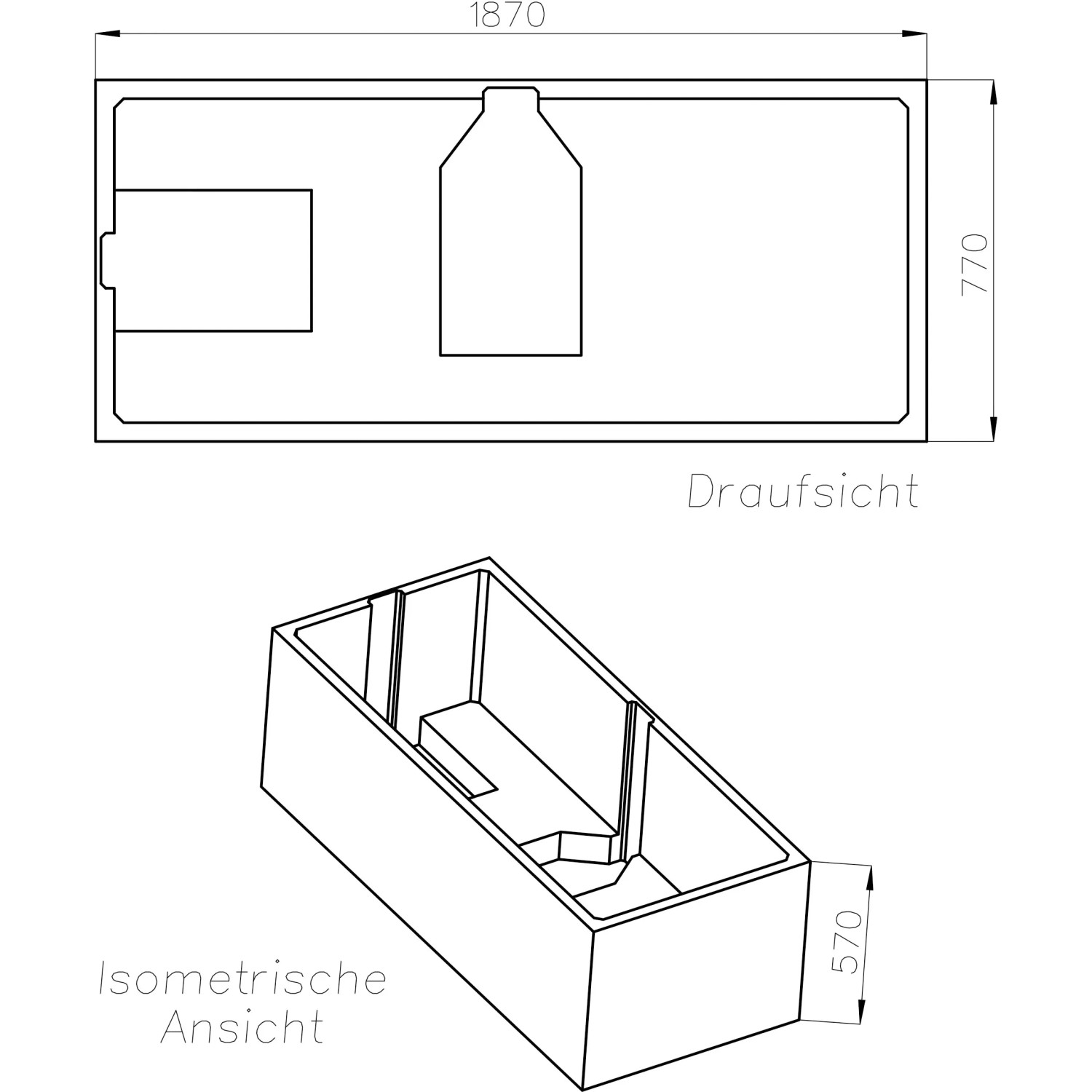 Technische Zeichnung Ottofond Wannenträger Rosa 190x80 cm, Draufsicht und isometrische Ansicht.