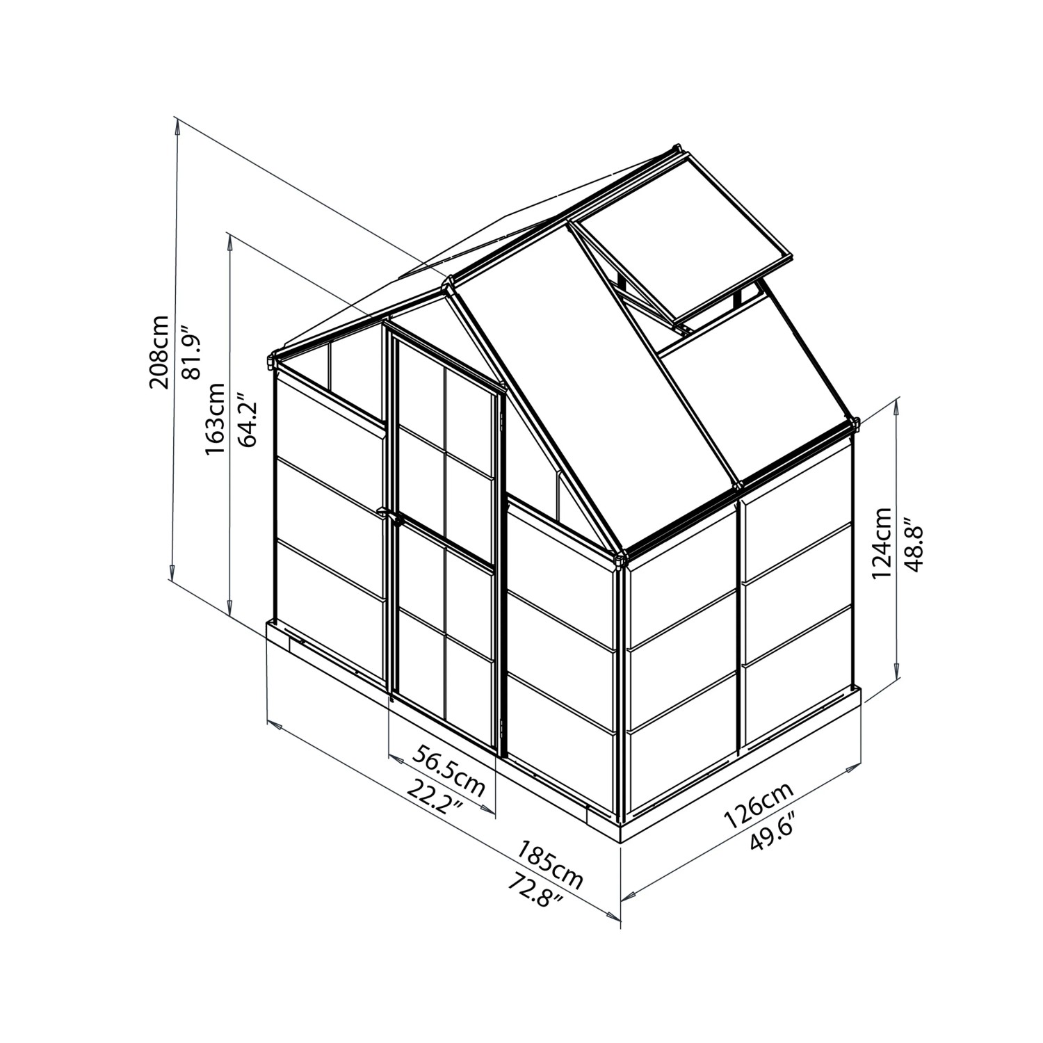 Technische Zeichnung: Palram Canopia Hybrid Gewächshaus 1.3x1.9m, silberner Rahmen, klare Wände, Maße.