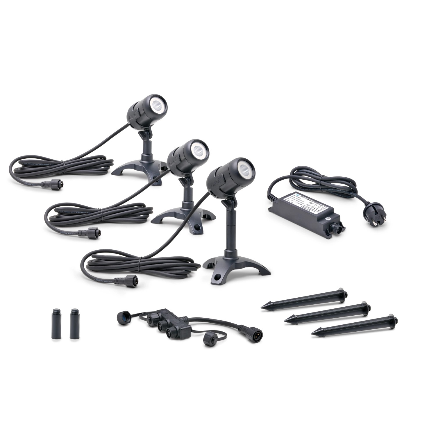 Oase LunAqua Connect S 3er-Set: Teichbeleuchtung mit 3 Spots, Trafo, Erdspießen und Zubehör.