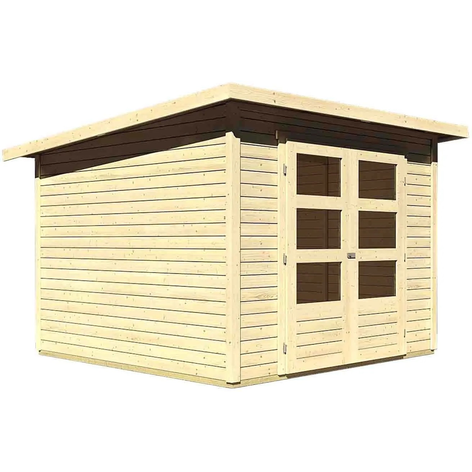 Karibu Holz-Gartenhaus Sitten 4: Gartenhaus aus Fichte mit Doppeltür und Fenstern.