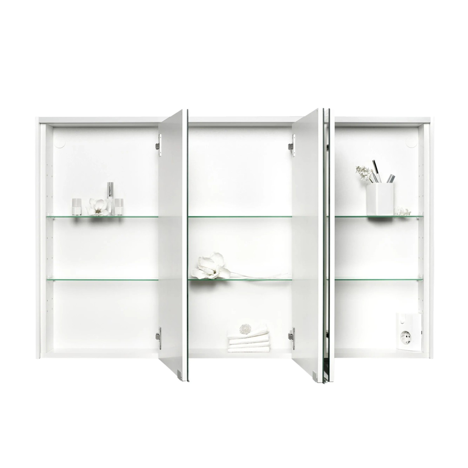 Sieper Spiegelschrank SPS-KHX 120, 120 cm breit, Holzdekor Dunkel, mit drei Türen und Glasablagen.