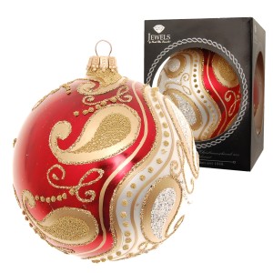 Weihnachtsbaumkugel Gloria von Krebs Glas Lauscha, 10cm, rot-goldene Ornamente.