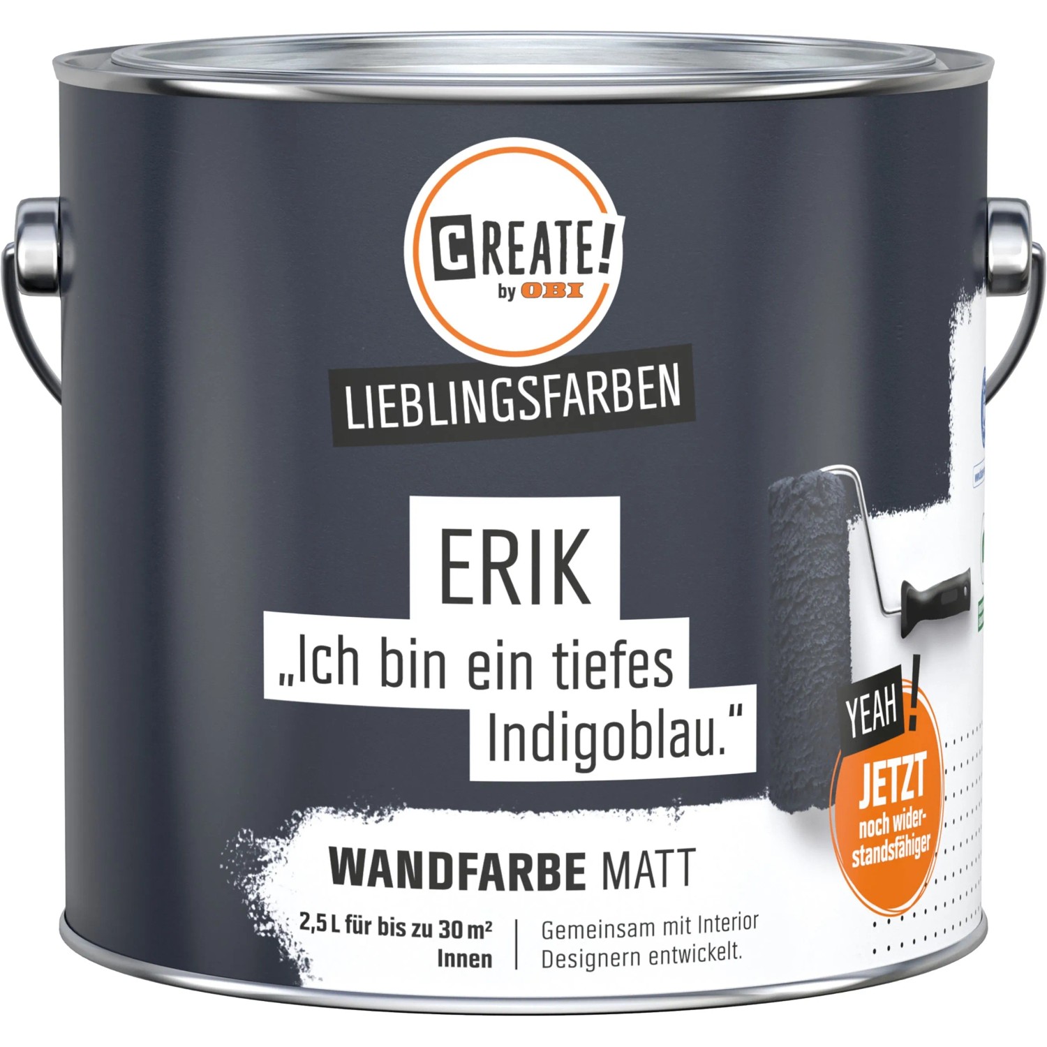 Dunkelblaue, matte Wandfarbe „Erik Indigoblau“ von CREATE! by OBI im 2,5 l Eimer.