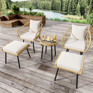PXloue 5 Teiliges Garten Lounge Set aus Rattan mit Tisch 2 Stühlen und 2 Hockern für Terrasse Balkon