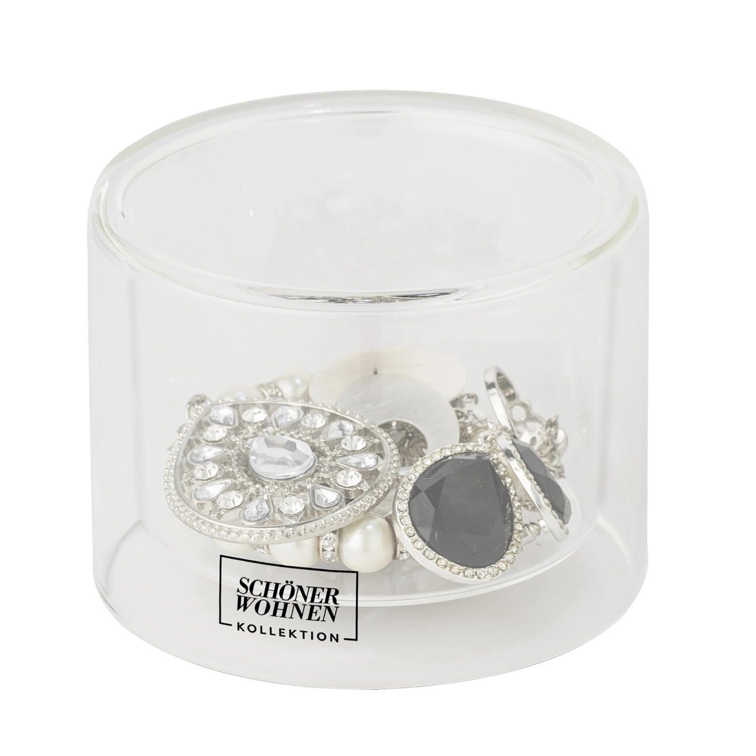 Schöner Wohnen Duftkerze L Sandalwood im Glas, bernsteinfarben, Ø 9x11cm. Schmuck liegt im Glas.