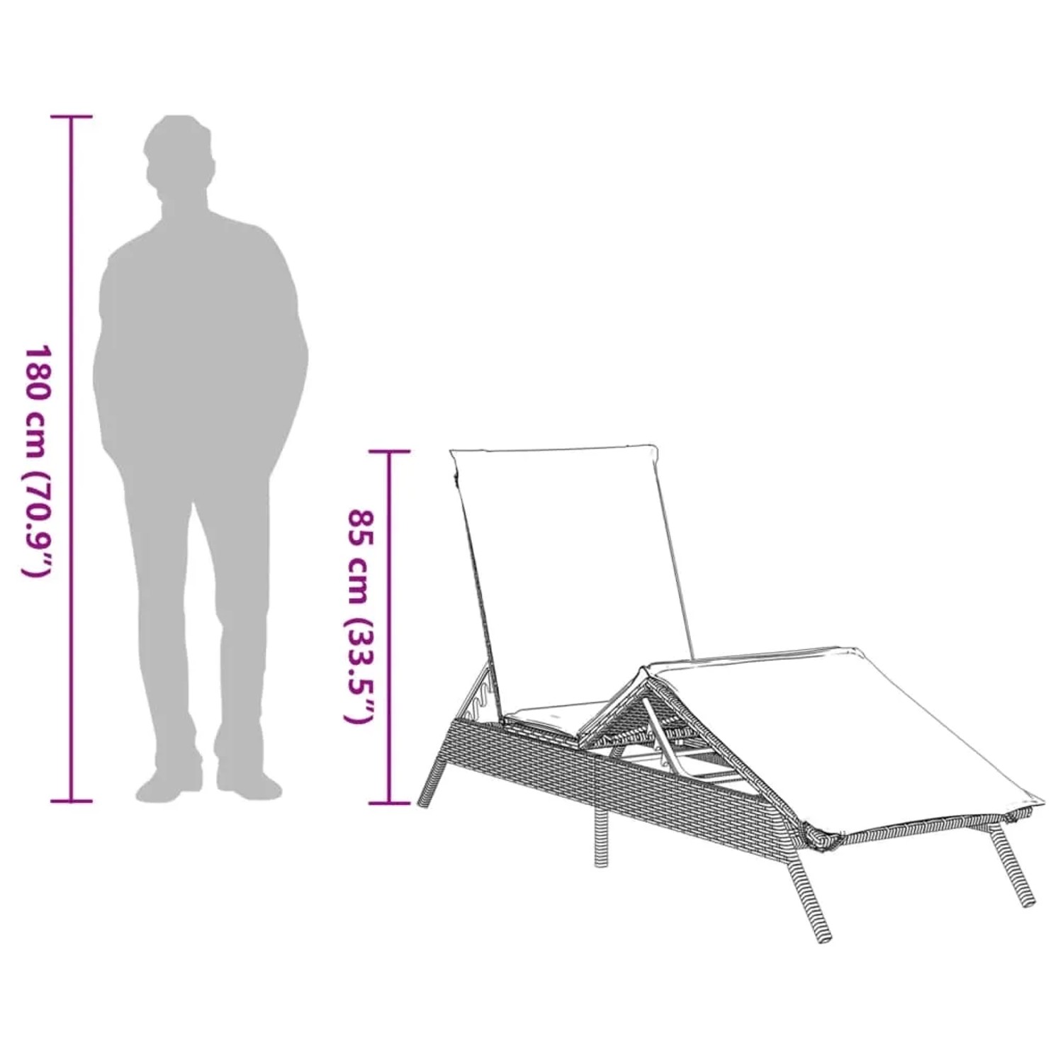 Braune vidaXL Sonnenliege aus Rattan (2er-Set) mit Auflagen, verstellbare Rückenlehne und Fußteil.