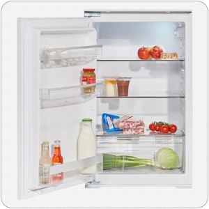 Offener, weißer Wolkenstein Einbaukühlschrank WKS135.0EEB mit Lebensmitteln.