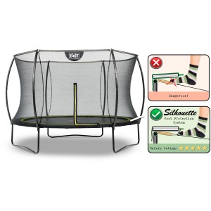 Schwarzes EXIT Silhouette Trampolin D305cm mit Sicherheitsnetz und Fußschutzsystem.