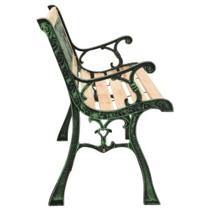 VidaXL Gartenbank aus Gusseisen und Tannenholz, 122 cm, mit dekorativer Rückenlehne.
