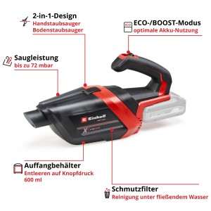Einhell Akku-Handstaubsauger TE-HV 18/06 Li-Solo, rot/schwarz, mit Staubbehälter und Akku (nicht enthalten).