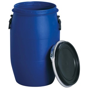 Blaues 60L Kunststoff-Weithalsfass mit Deckel und UN-Kennzeichnung, geeignet für Lebensmittel.