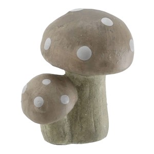 Zwei dekorative Keramik Fliegenpilze, beige-braun mit weißen Punkten, für Herbstdeko.