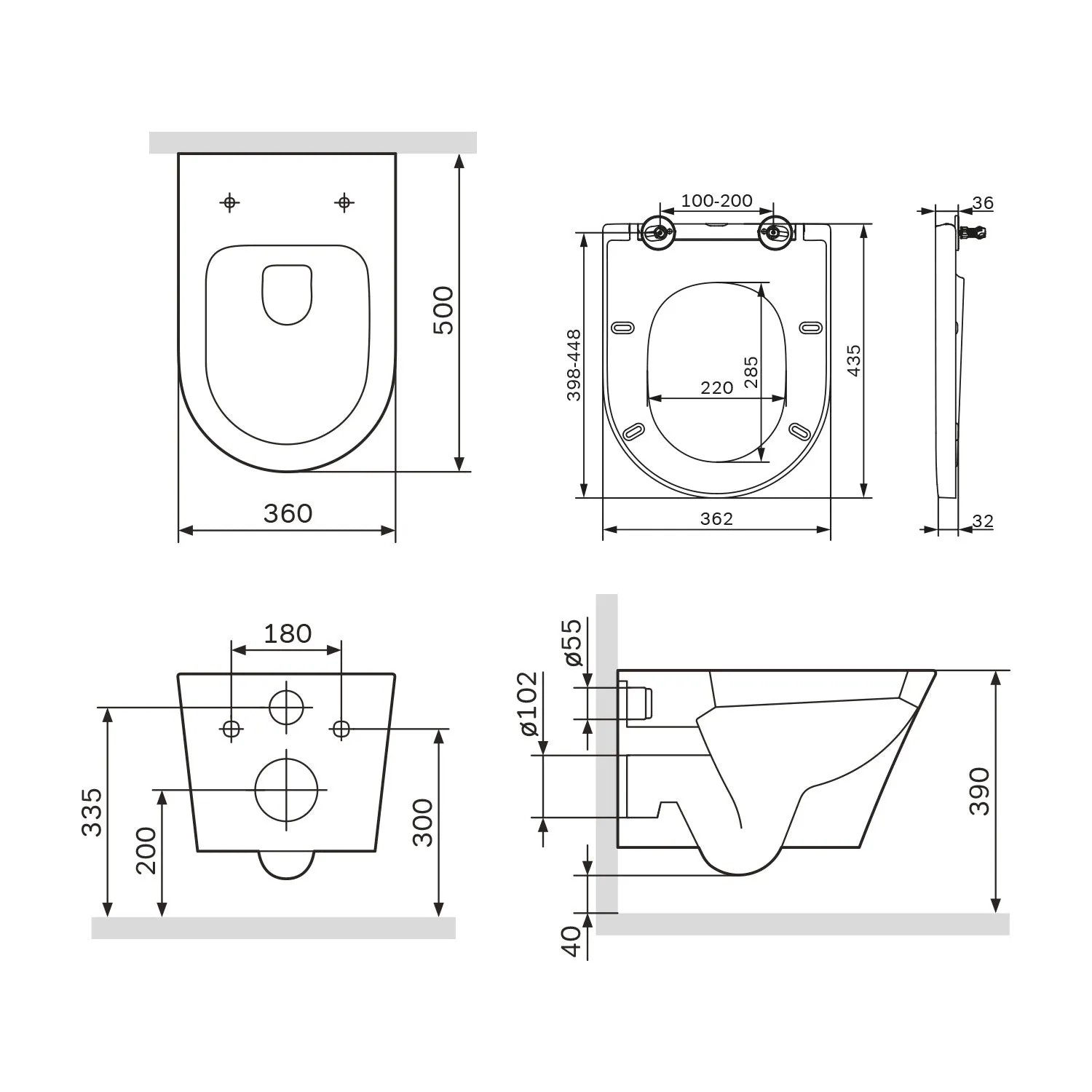 Technische Zeichnung: AM.PM Wand-WC FlashClean, spülrandlos mit Softclose-Sitz, Maße und Details.