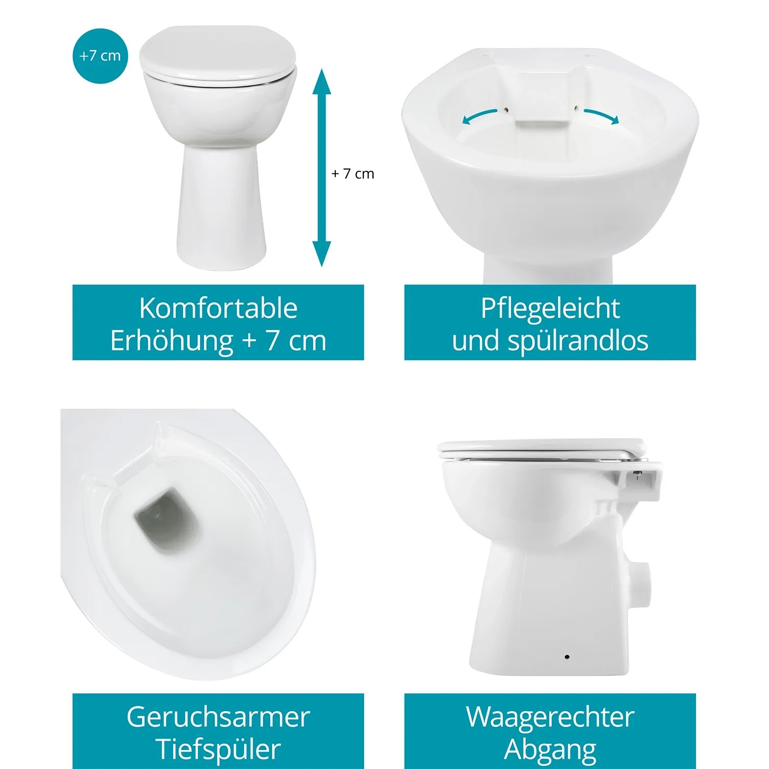 Calmwaters Stand-WC Set, erhöht, spülrandlos, mit Spülkasten und WC-Sitz.