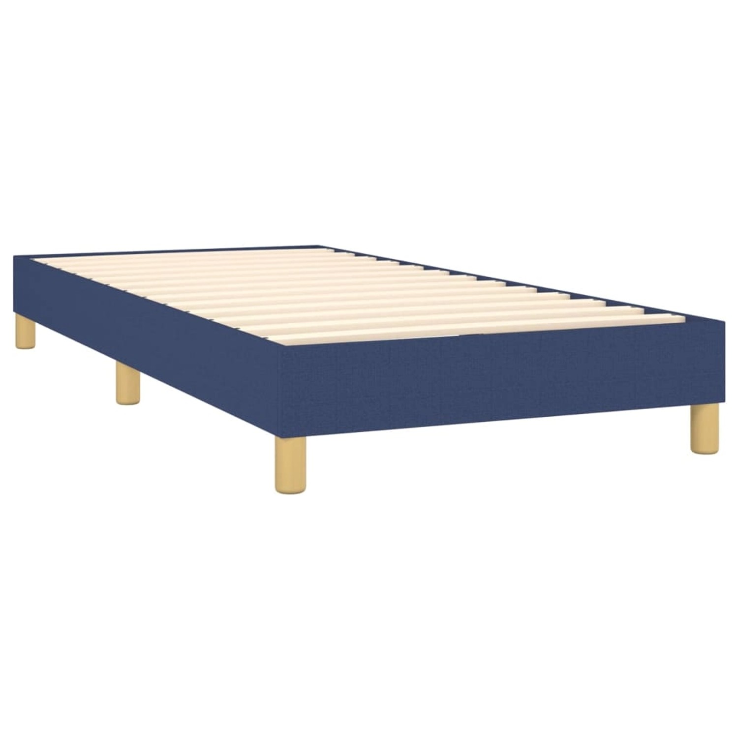 Blaues Boxspringbett 90x200 cm mit Holzlattenrost und Füßen.