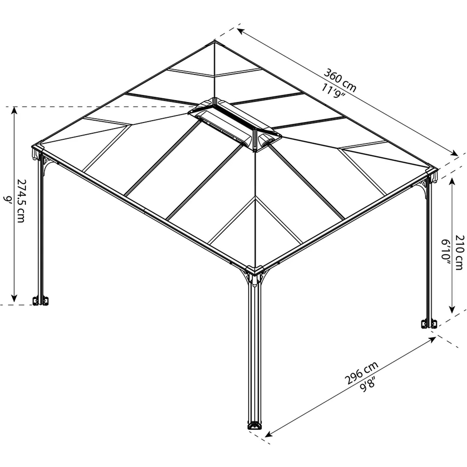 Detaillierte Skizze des Palram Canopia Martinique 3x3.6 Gartenpavillons mit Maßangaben.