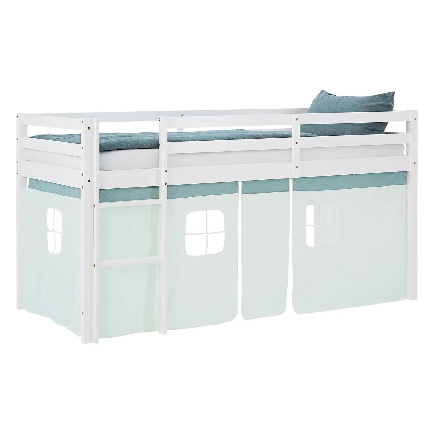 Homestyle4u Kinder Hochbett 90x200 mit Lattenrost Vorhang Grün Kinderbett 2936
