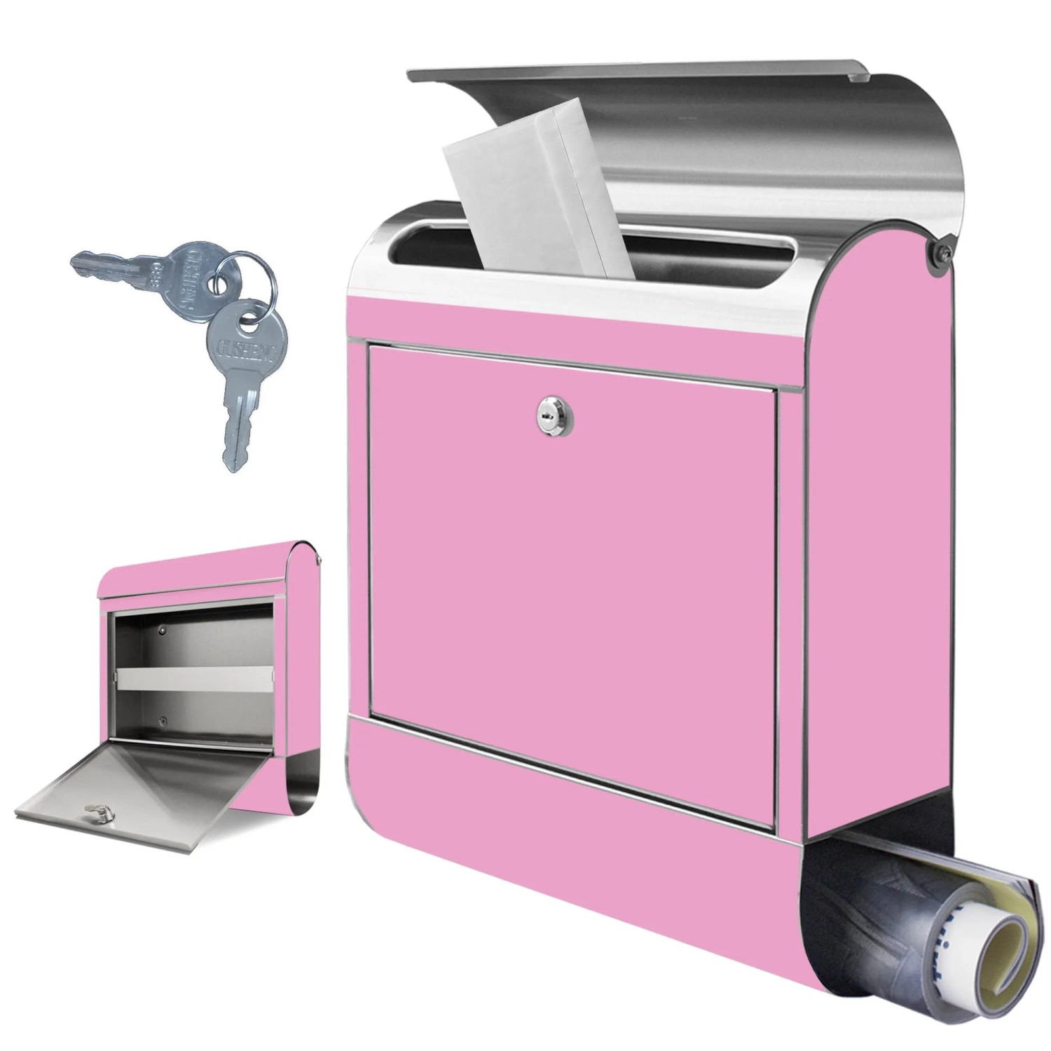 Banjado Edelstahl Briefkasten mit Rosen Motiv, Zeitungsfach, rosa. Rostfreier Wandbriefkasten mit Schlüssel.