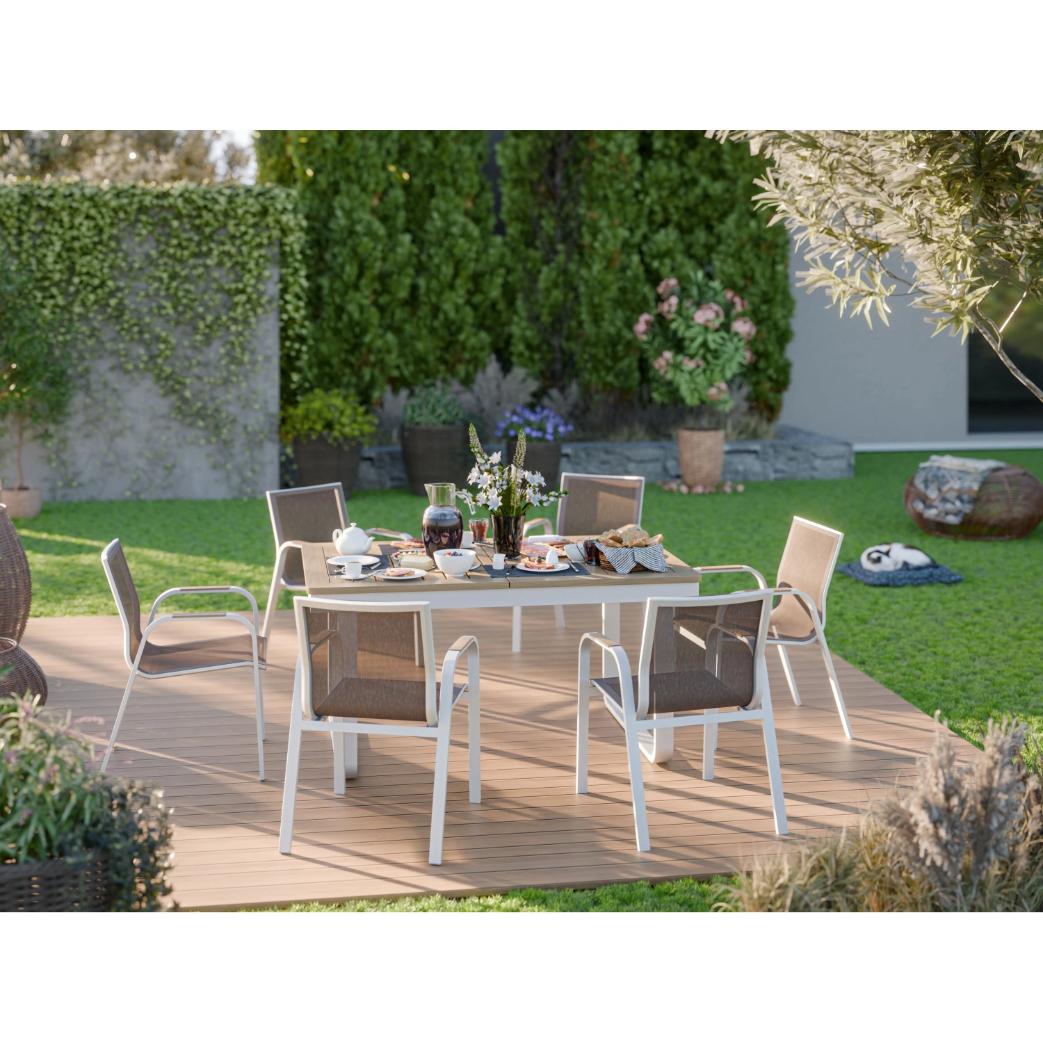 Esstischgruppe Butterfield 7-teilig Aluminium Textilien Weiß-Beige_13