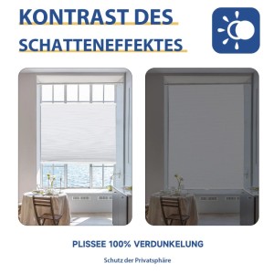 Sekey Wabenplissee, weiß/grau, 70x100cm, verdunkelnd. Vergleich: mit/ohne Plissee.