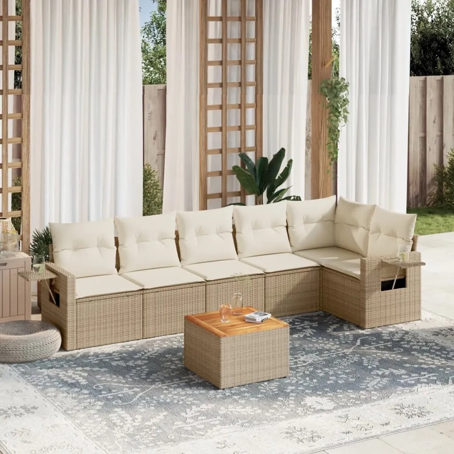Beige 7-tlg. vidaXL Garten-Sofagarnitur aus Rattan mit Kissen. Gartenmöbel-Set mit Tisch und Stauraum.