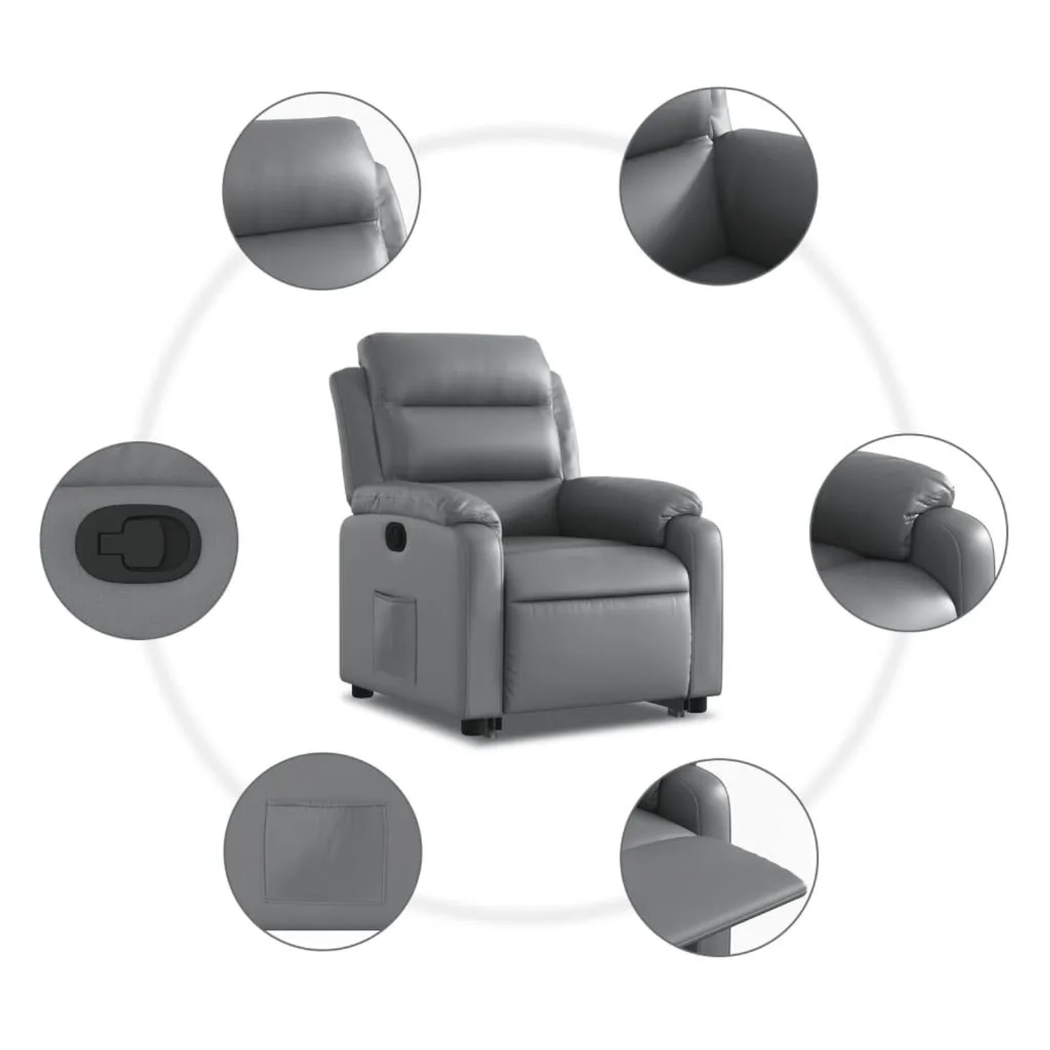 Grauer Relaxsessel mit Aufstehhilfe aus Kunstleder von vidaXL mit Details.