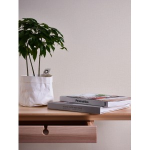 A.S. Création Vliestapete Uni in Creme Weiß an Wand, mit Pflanze und Büchern auf Tisch