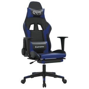 Schwarzer und blauer Gaming-Stuhl mit Massagefunktion und Fußstütze aus Kunstleder.