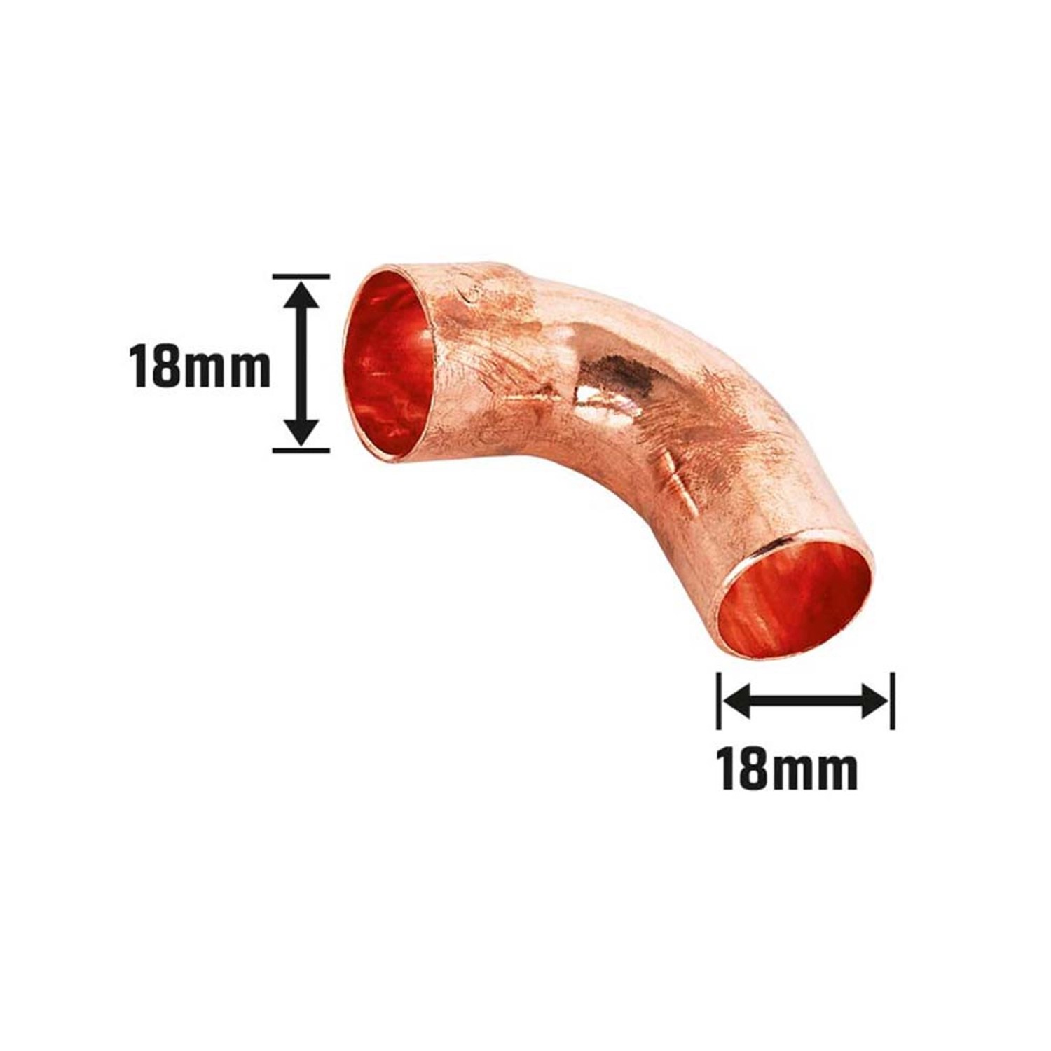 Lötbogen aus Kupfer, 18 mm Durchmesser, für die Trinkwasserinstallation.