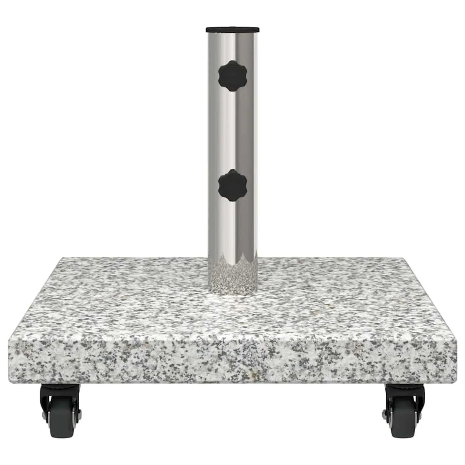 Grauer vidaXL Sonnenschirmständer aus Granit, quadratisch mit Rollen.