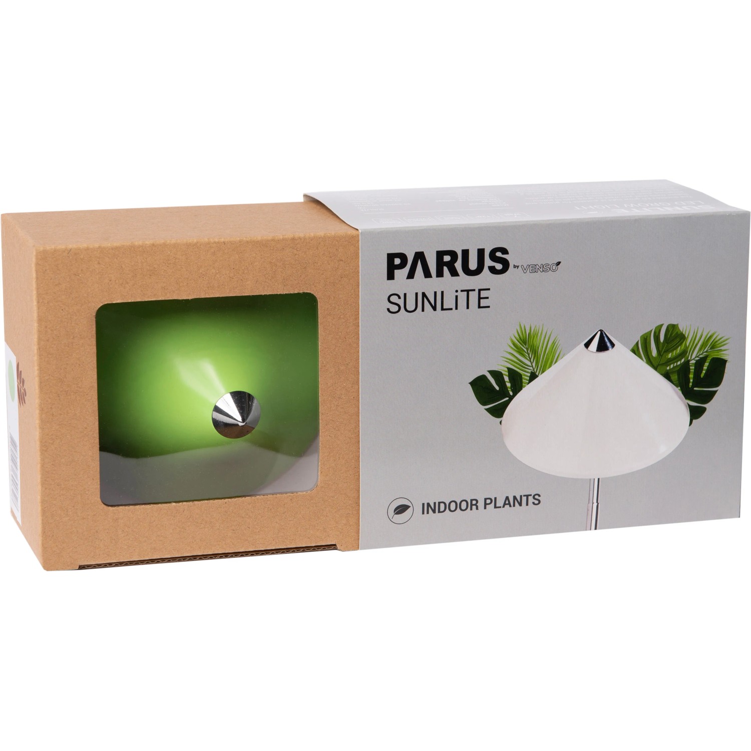 Verpackung der grünen Parus by Venso LED-Pflanzenlampe Sunlite 7W für Pflanzenanzucht.