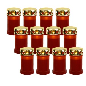 12 rote LED Grabkerzen mit goldfarbenem Deckel, flackerndes gelbes Licht, lange Leuchtdauer.