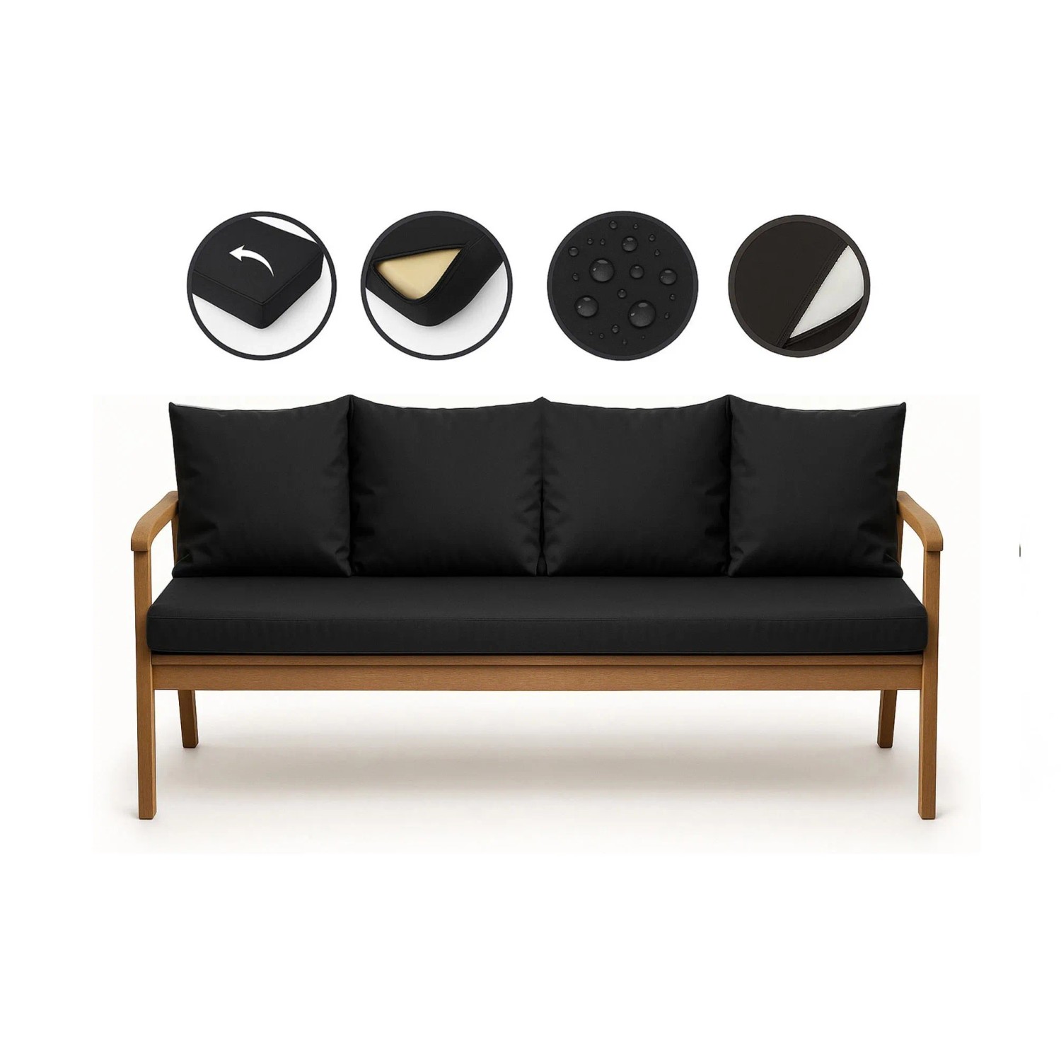 Schwarzes Setgarden Bankkissen-Set für 3-Sitzer Gartenbank, bestehend aus Sitz- und Rückenkissen.