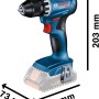 Bosch Professional GSR 18V-45 Akku-Bohrschrauber (Solo, ohne Akku) in Blau mit Abmessungen.