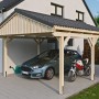 Skan Holz Carport Fichtelberg aus Fichte, naturbelassen, mit Auto und Motorrad untergestellt.