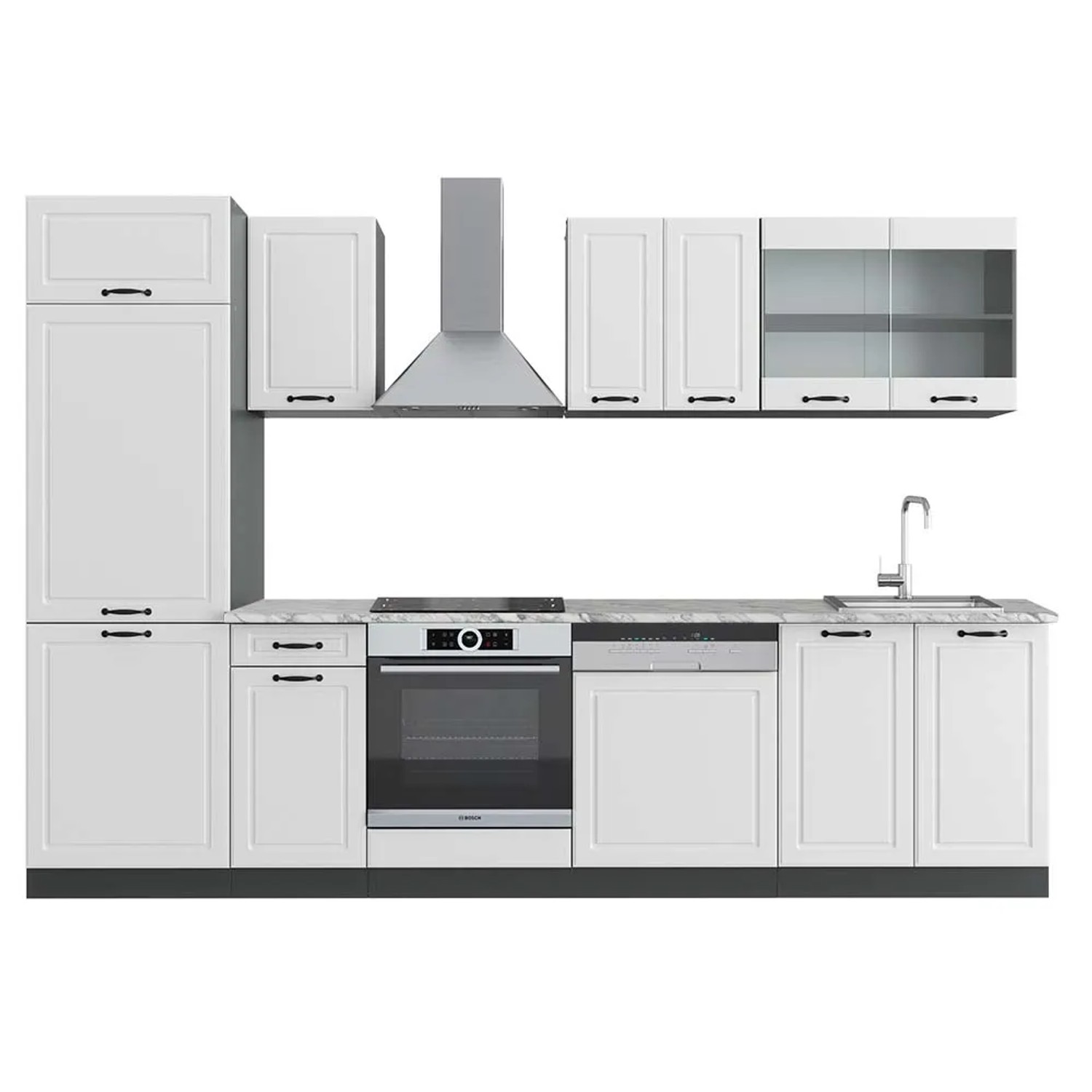 Vicco R-Line Küchenzeile Weiß Landhaus/Anthrazit 300 cm AP Marmor ohne E-Geräte